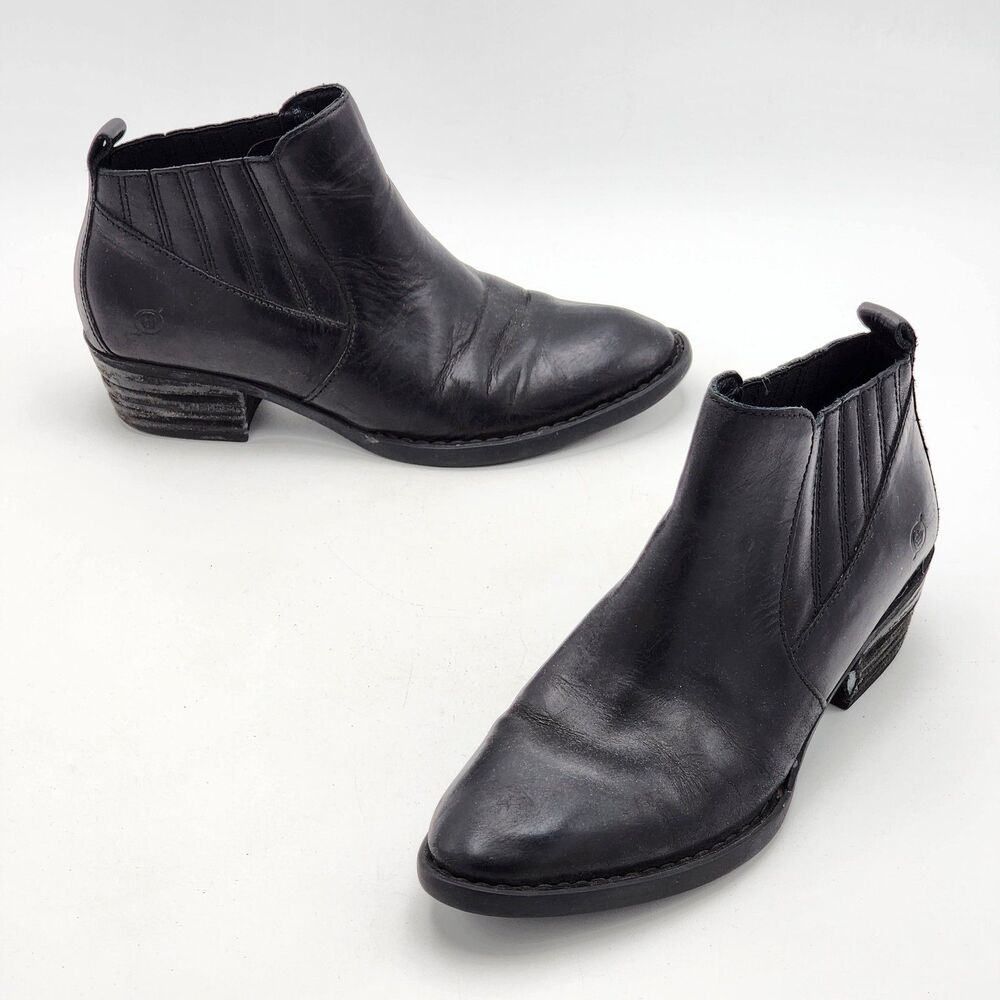 Born Beebe Leather Western Ankle Boots Slip On Black Size 9